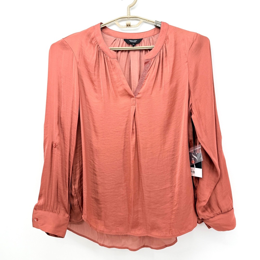 Simply Vera Vera Wang Blouse Womens Large Coral NWT Silky Roll Tab Sleeve Top